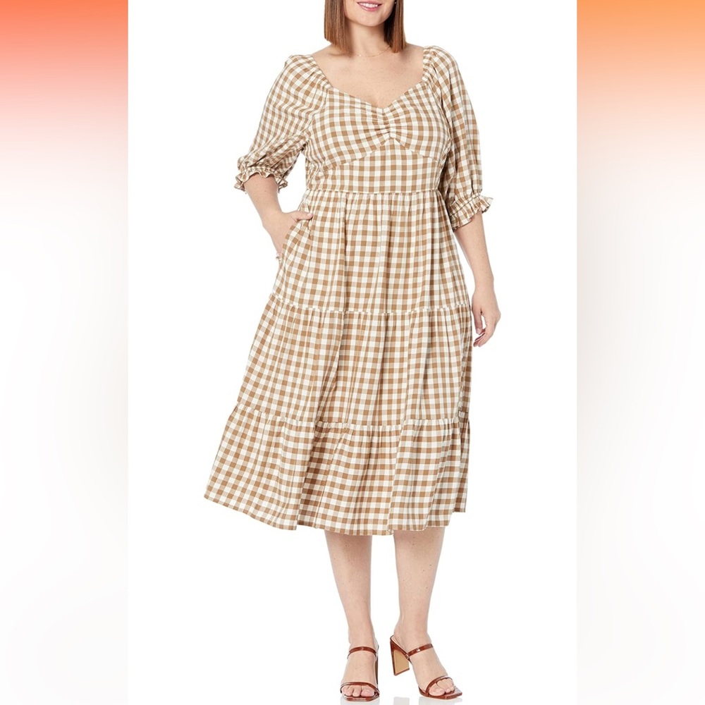 The Drop Women's Amara Sweetheart Midi Dress..(NWT) tan/white checkered..size M